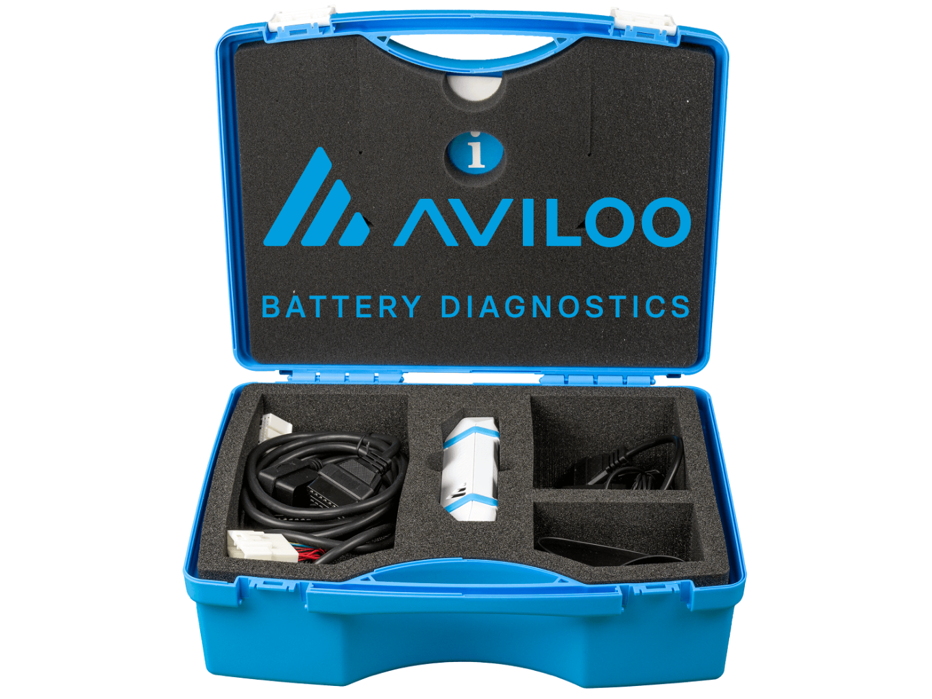Ein blauer Koffer mit AVILOO-Logo, darin ein Diagnosegerät und Kabel.