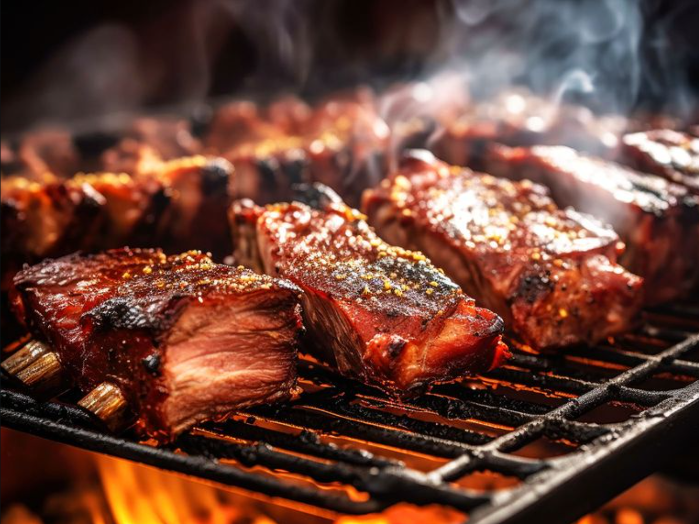 Fleischstücke auf einem rauchenden Grill