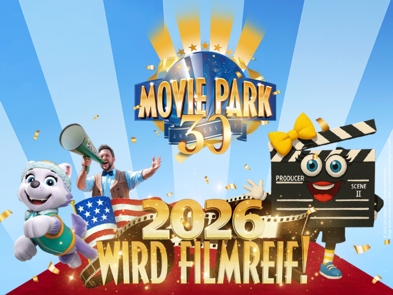 Buntes Plakat mit dem Schriftzug „Movie Park 30 Anniversary – 2026 wird filmreif!“ und Comicfiguren.