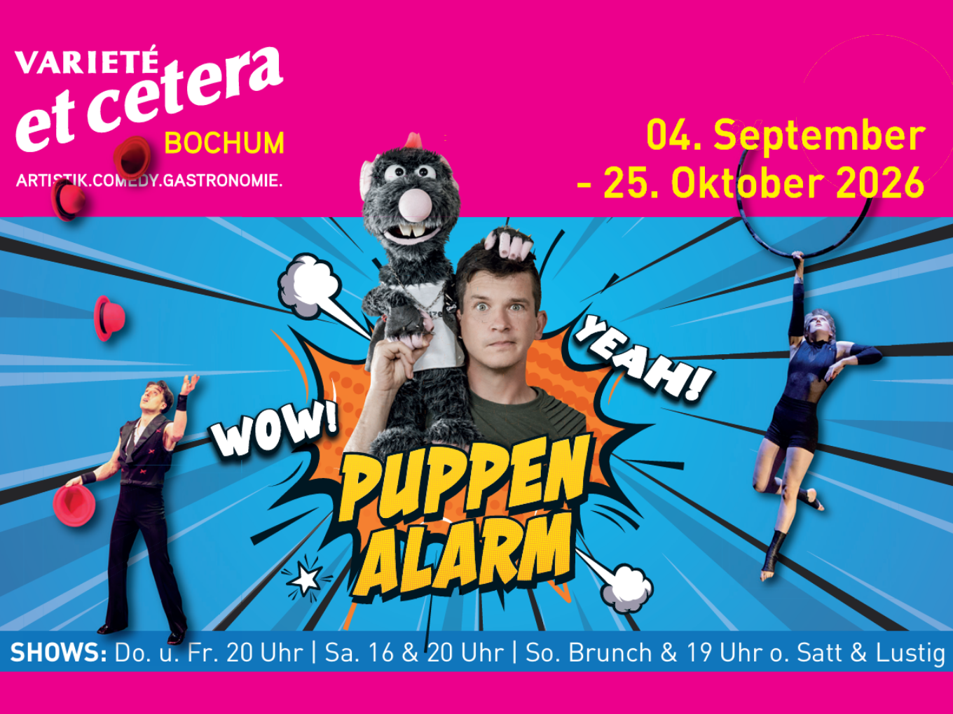 Werbeplakat für die Show „Puppenalarm“ im Varieté et cetera Bochum mit bunten Comic-Elementen, Künstlern und Showdaten.