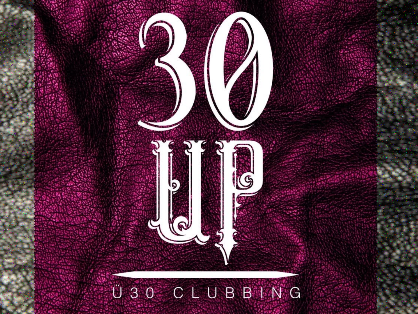 30 UP Ü30 Clubbing Logo auf lila Leder-Hintergrund.