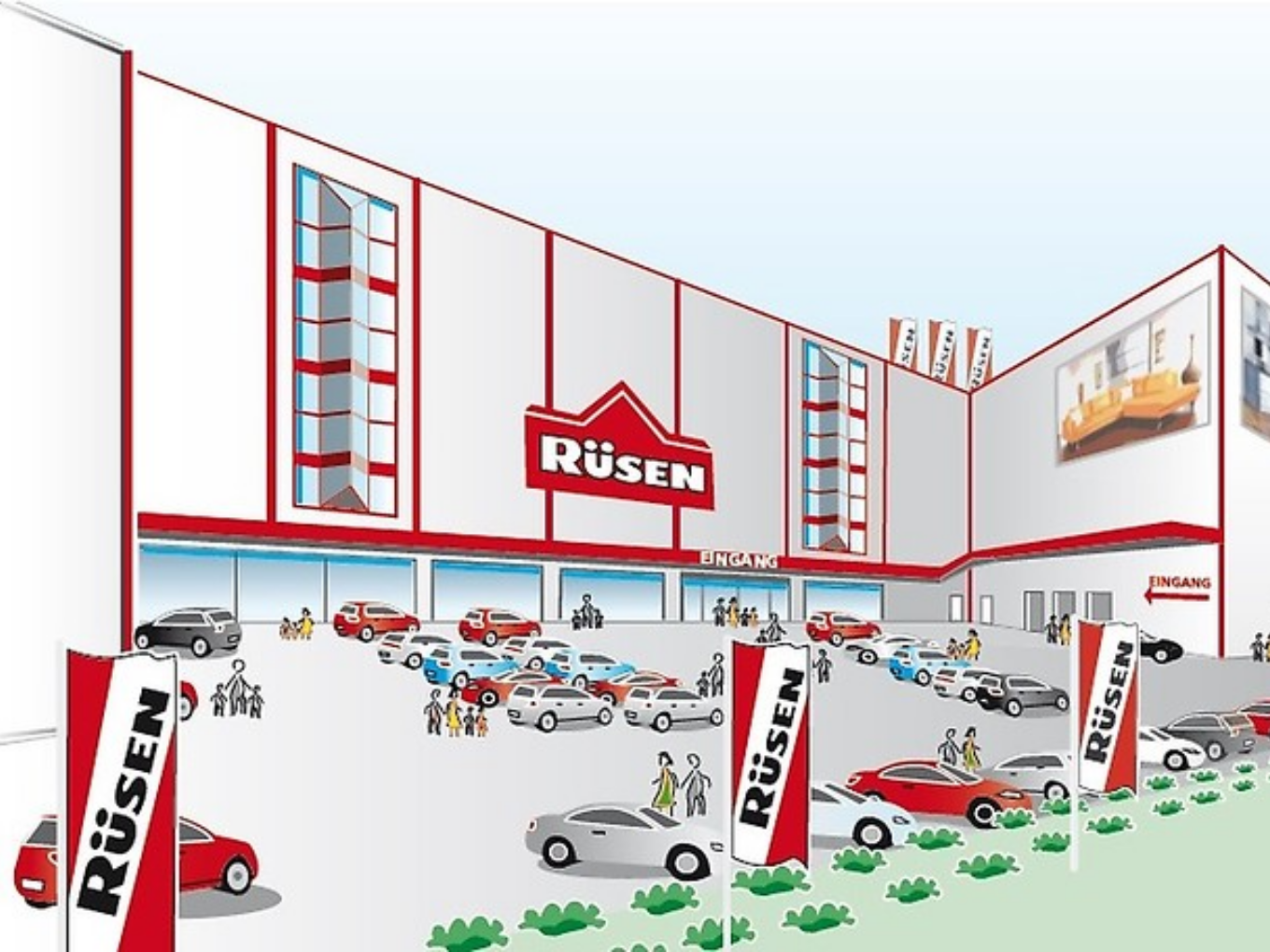 Illustration des Möbelhauses Rüsen in Duisburg mit zahlreichen Autos und Menschen auf dem Parkplatz.