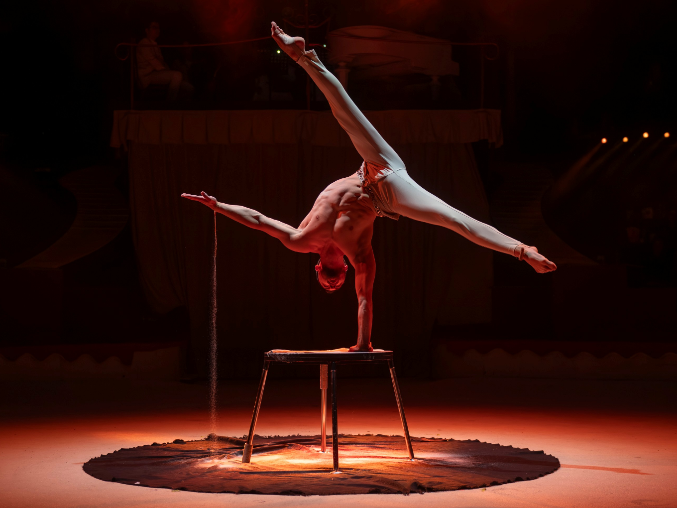 Artist balanciert im Handstand auf einem Tisch, einarmig gestützt.