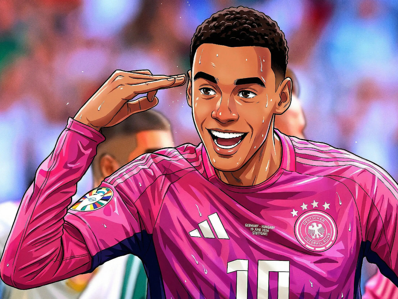 Comiczeichnung eines Fußballspielers im pinken Trikot, der jubelt und mit der Hand an den Kopf zeigt.
