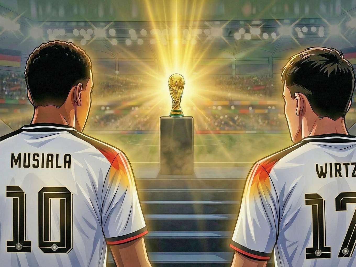 Comiczeichnung von zwei Fußballspielern im weißen Trikot schauen auf einen leuchtenden Pokal im Stadion.