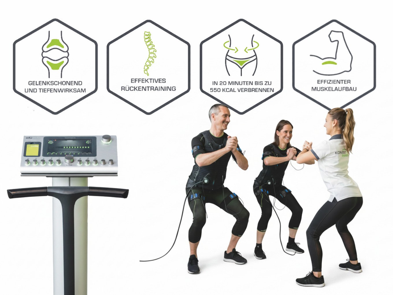 EMS-Training Vorteile: gelenkschonend, effektives Rückentraining, bis zu 550 kcal in 20 Minuten verbrennen, effizienter Muskelaufbau.