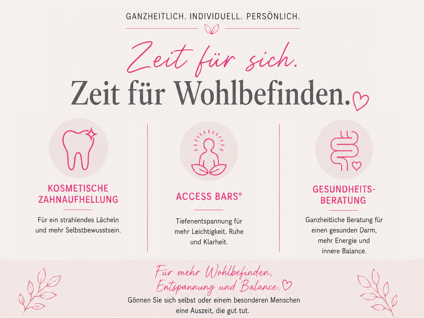 Infografik zu kosmetischer Zahnaufhellung, Access Bars und Gesundheitsberatung für mehr Wohlbefinden.