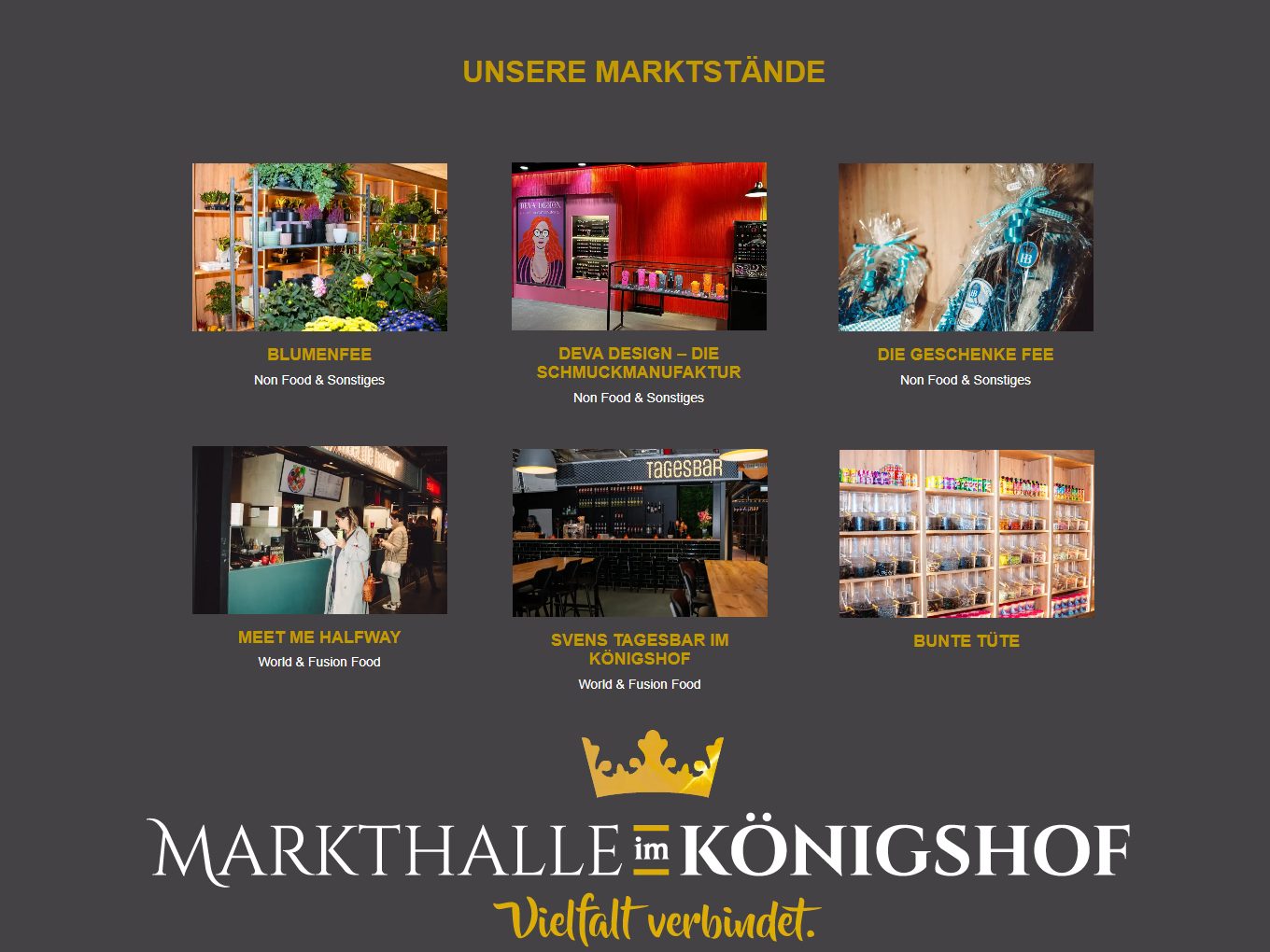 Übersicht der Marktstände in der Markthalle im Königshof, darunter Blumenfee, Deva Design – Die Schmuckmanufaktur, Die Geschenke Fee, Meet Me Halfway, Svens Tagesbar im Königshof und Bunte Tüte.