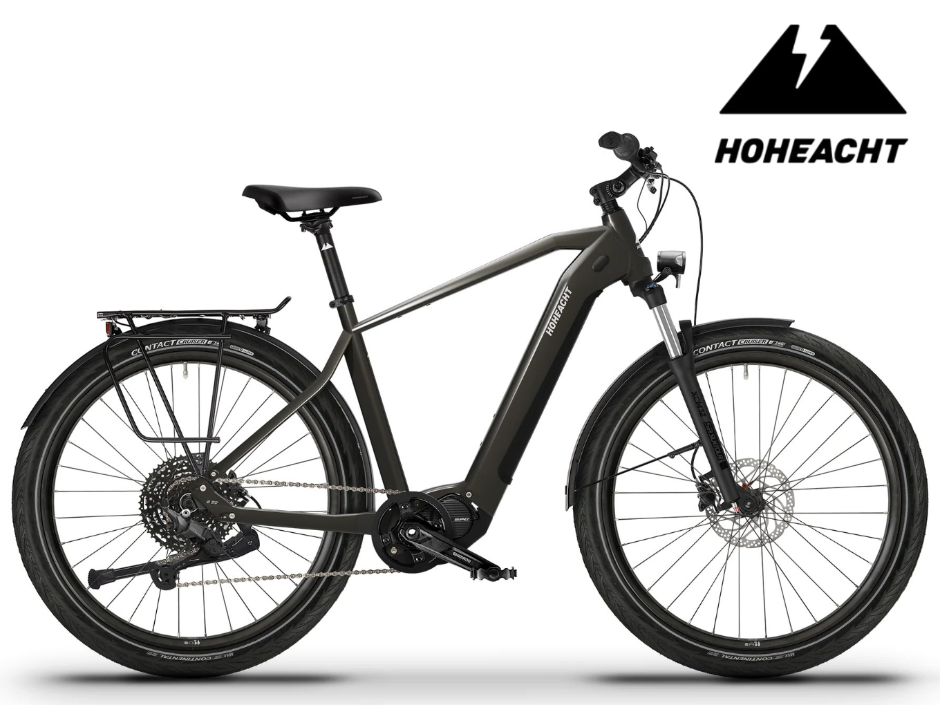 HOHEACHT Pasio Terra E-Bike mit Diamantrahmen, seitliche Ansicht, schwarzes Design, Logo oben rechts.
