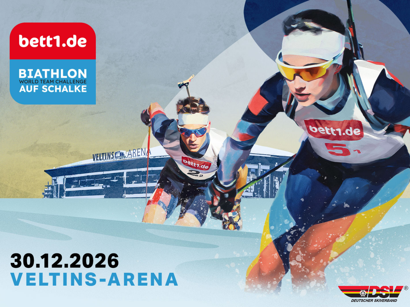 Plakat für die Biathlon World Team Challenge auf Schalke am 30. Dezember 2026 in der VELTINS-Arena.