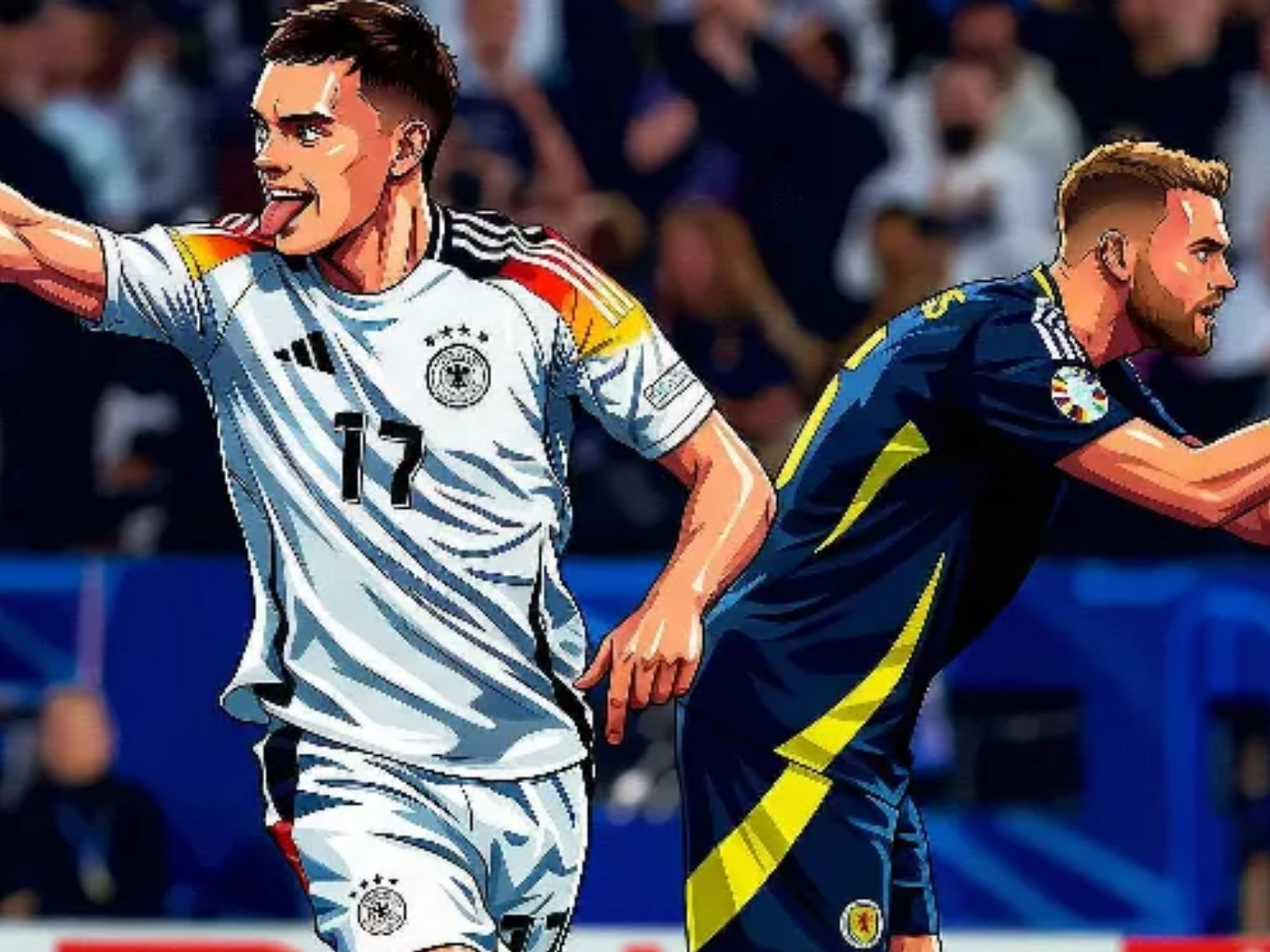Comiczeichnung von zwei Fußballspielern, einer im weißen und einer im blauen Trikot, jubeln auf dem Spielfeld.